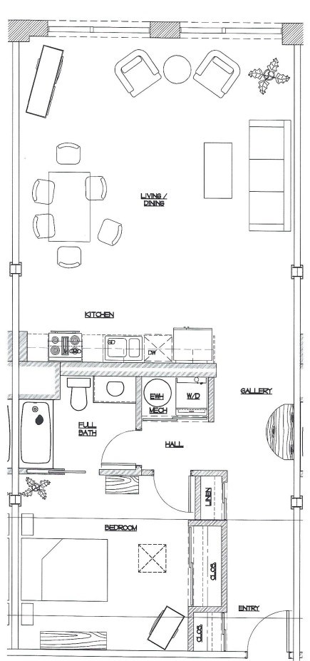 A floor plan of a house with a kitchen, living room, dining room, and bedrooms.